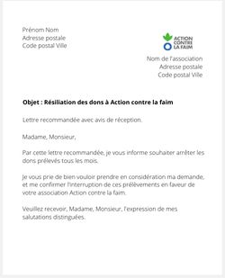 Lettre de résiliation des dons à Action contre la faim